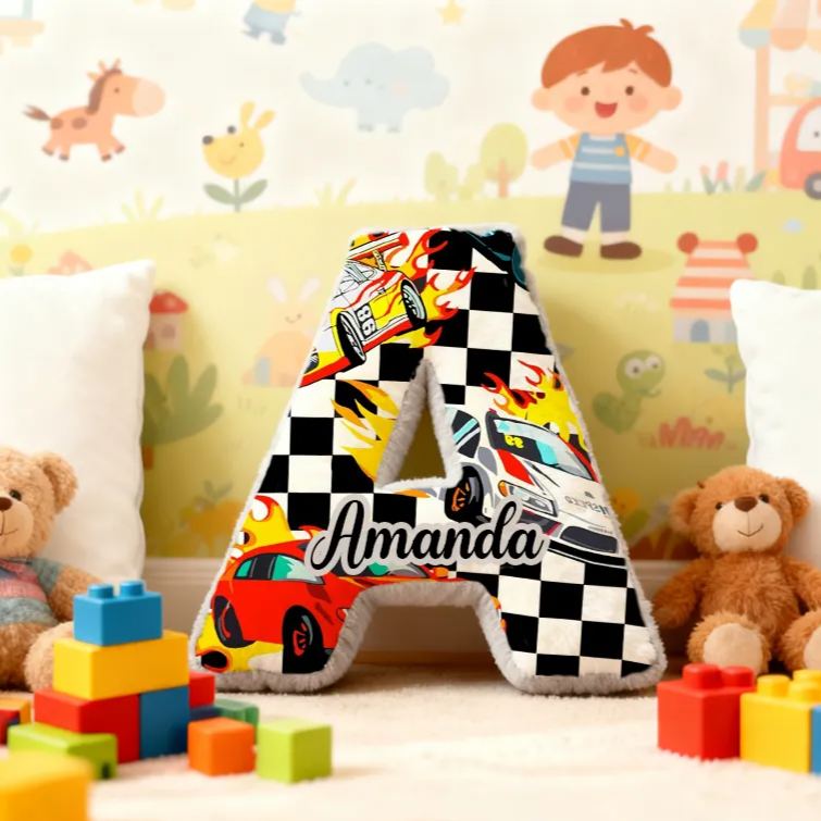 Personalized Racing Vehicle Themed Alphabet Pillow with Custom Name Gift for Kids and Vehicle Fans
