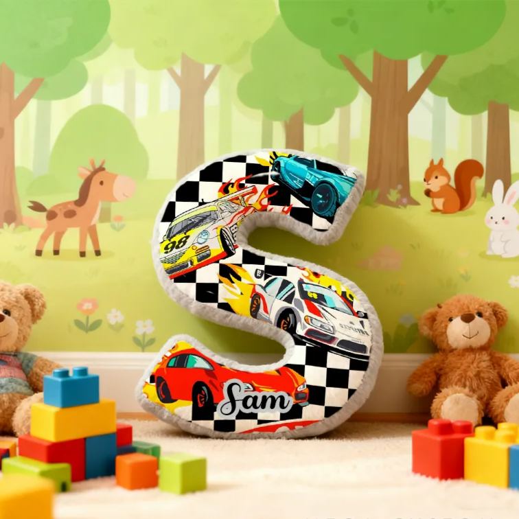 Personalized Racing Vehicle Themed Alphabet Pillow with Custom Name Gift for Kids and Vehicle Fans