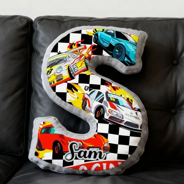 Personalized Racing Vehicle Themed Alphabet Pillow with Custom Name Gift for Kids and Vehicle Fans
