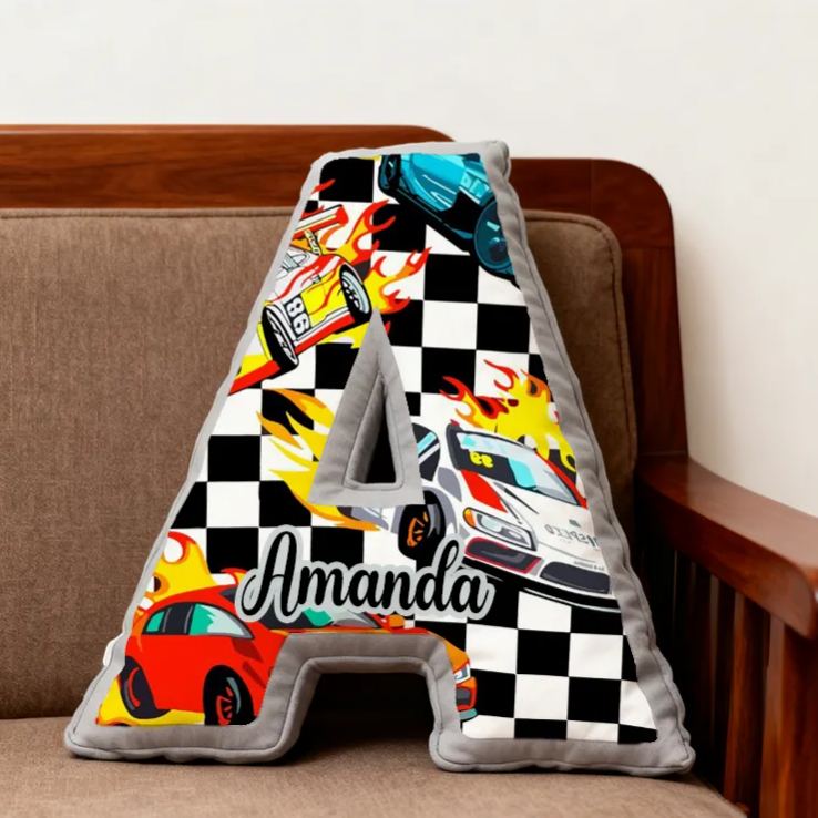 Personalized Racing Vehicle Themed Alphabet Pillow with Custom Name Gift for Kids and Vehicle Fans