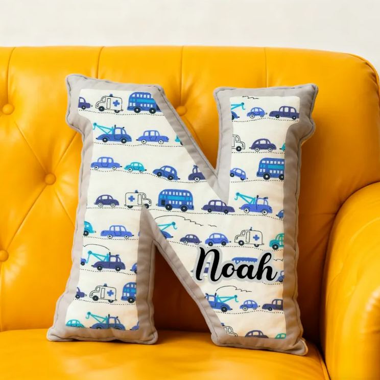 Personalized Blue Cartoon Vehicle Themed Alphabet Pillow with Custom Name Gift for Kids Vehicle Fans