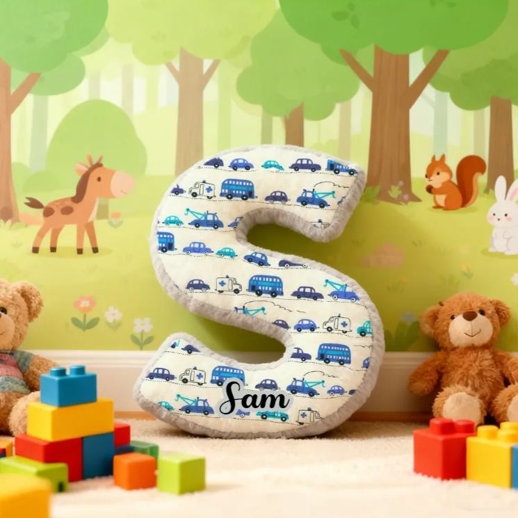 Personalized Blue Cartoon Vehicle Themed Alphabet Pillow with Custom Name Gift for Kids Vehicle Fans