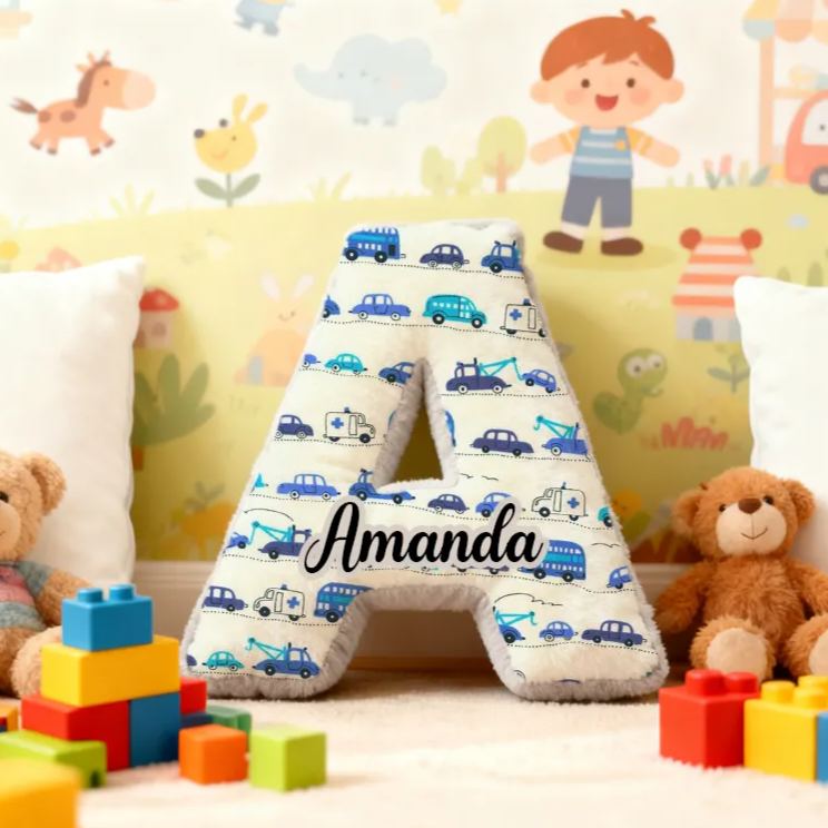 Personalized Blue Cartoon Vehicle Themed Alphabet Pillow with Custom Name Gift for Kids Vehicle Fans