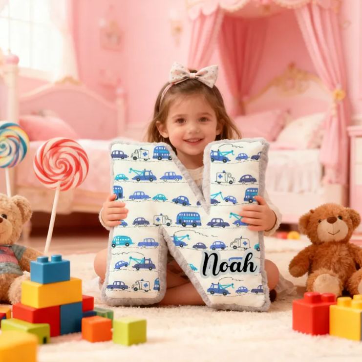 Personalized Blue Cartoon Vehicle Themed Alphabet Pillow with Custom Name Gift for Kids Vehicle Fans
