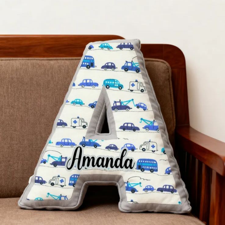 Personalized Blue Cartoon Vehicle Themed Alphabet Pillow with Custom Name Gift for Kids Vehicle Fans