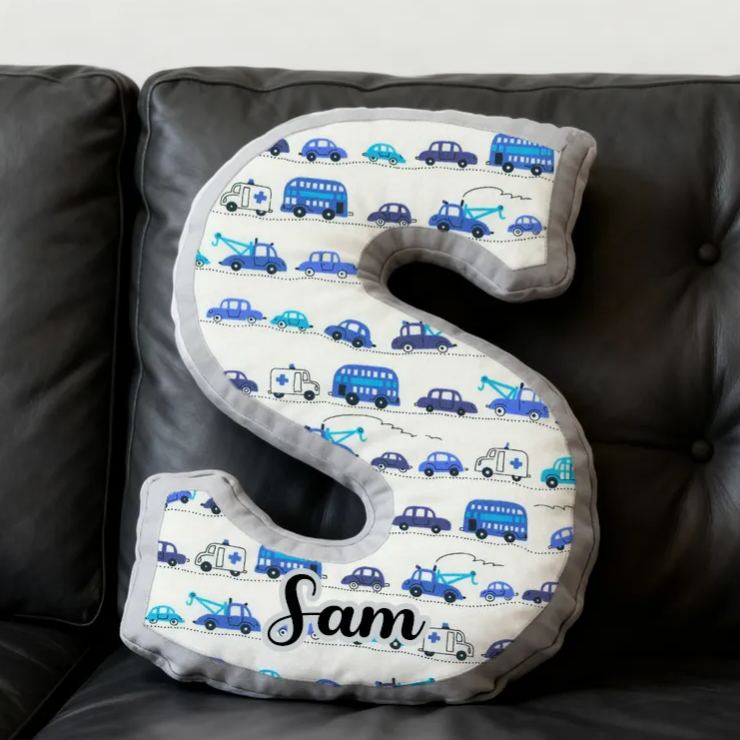 Personalized Blue Cartoon Vehicle Themed Alphabet Pillow with Custom Name Gift for Kids Vehicle Fans