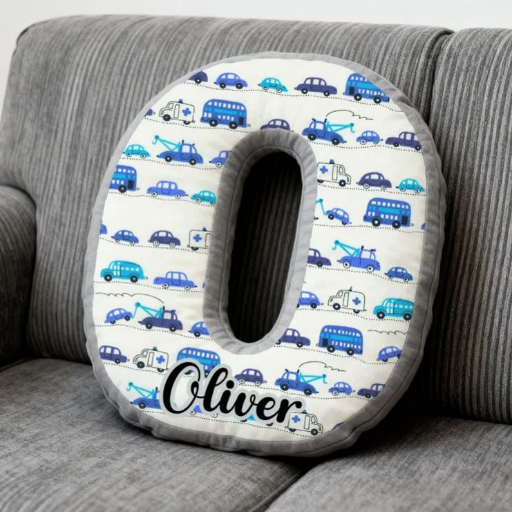 Personalized Blue Cartoon Vehicle Themed Alphabet Pillow with Custom Name Gift for Kids Vehicle Fans