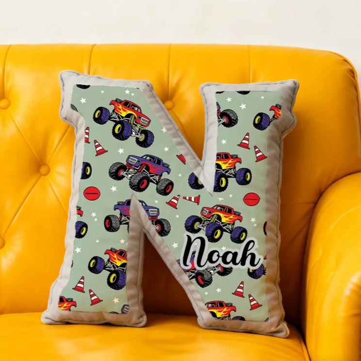 Personalized Monster Truck Vehicle Themed Alphabet Pillow with Custom Name Gift for Kids
