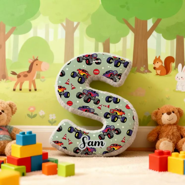 Personalized Monster Truck Vehicle Themed Alphabet Pillow with Custom Name Gift for Kids