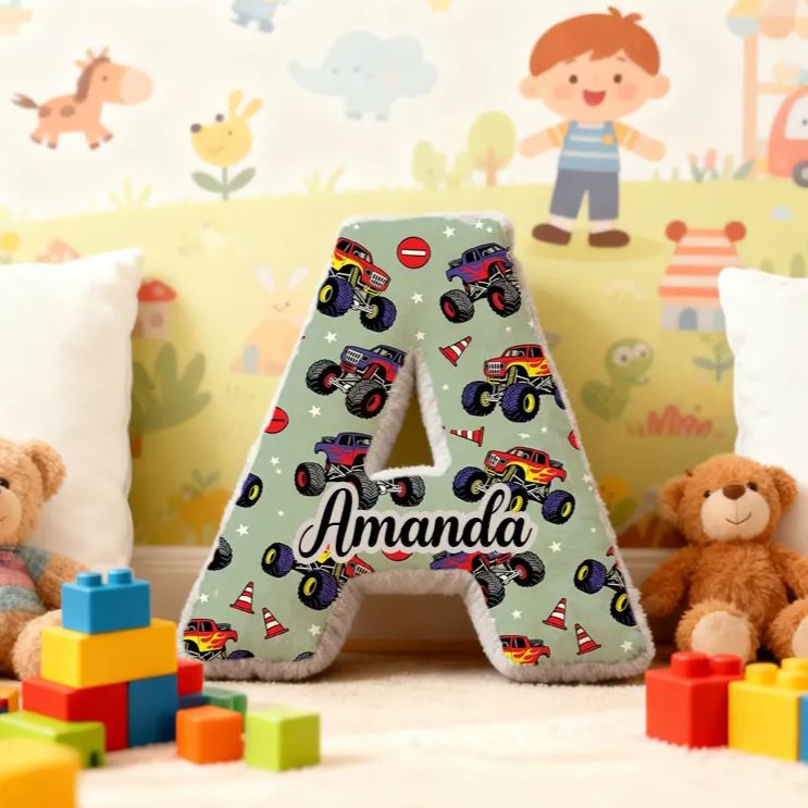 Personalized Monster Truck Vehicle Themed Alphabet Pillow with Custom Name Gift for Kids
