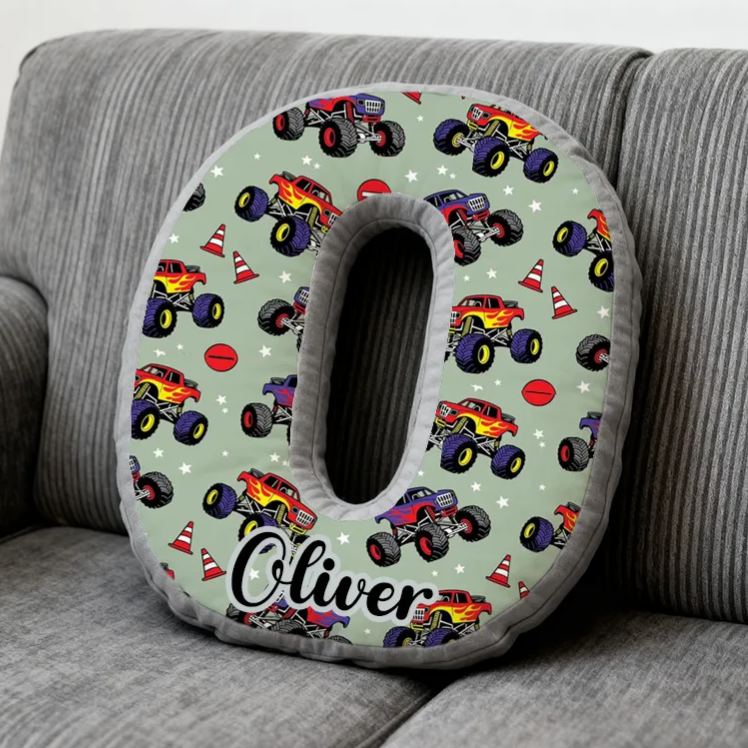 Personalized Monster Truck Vehicle Themed Alphabet Pillow with Custom Name Gift for Kids