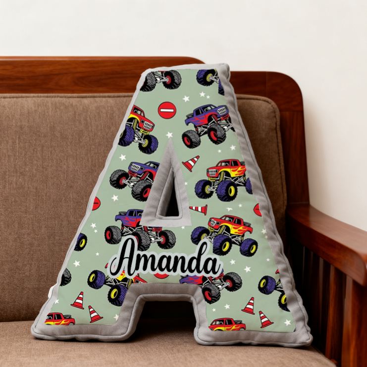 Personalized Monster Truck Vehicle Themed Alphabet Pillow with Custom Name Gift for Kids