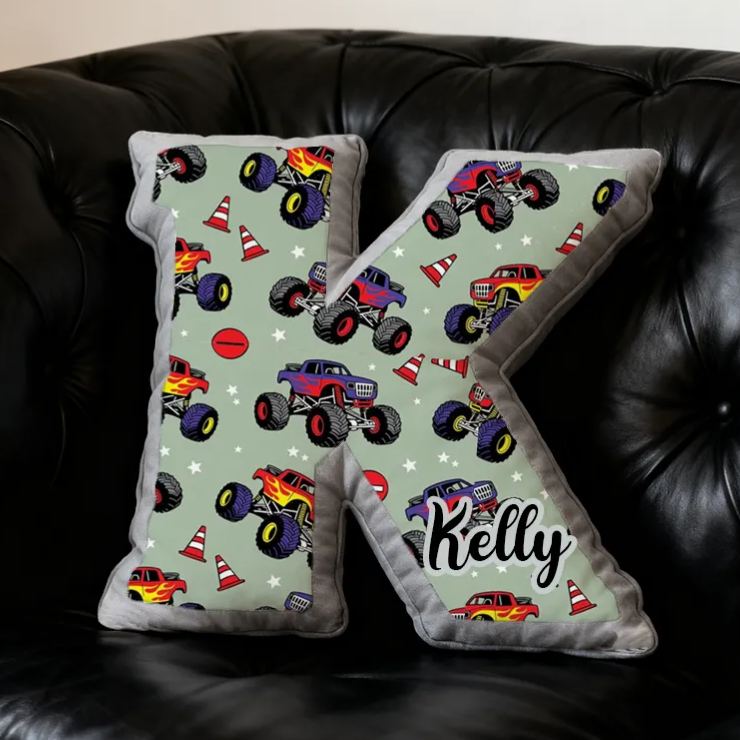 Personalized Monster Truck Vehicle Themed Alphabet Pillow with Custom Name Gift for Kids