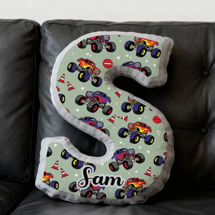 Personalized Monster Truck Vehicle Themed Alphabet Pillow with Custom Name Gift for Kids