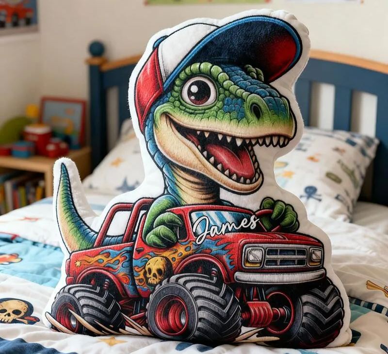 Personalized Pillow with Dinosaur Racing Design Custom Name 3D Graphic Print Cushion Gifts