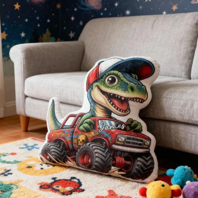 Personalized Pillow with Dinosaur Racing Design Custom Name 3D Graphic Print Cushion Gifts