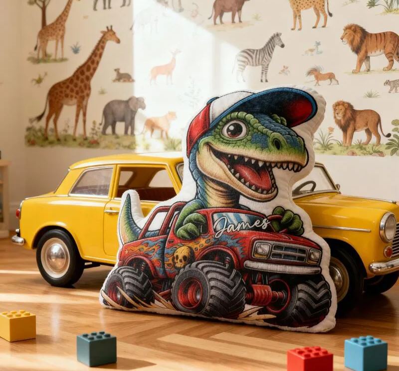 Personalized Pillow with Dinosaur Racing Design Custom Name 3D Graphic Print Cushion Gifts