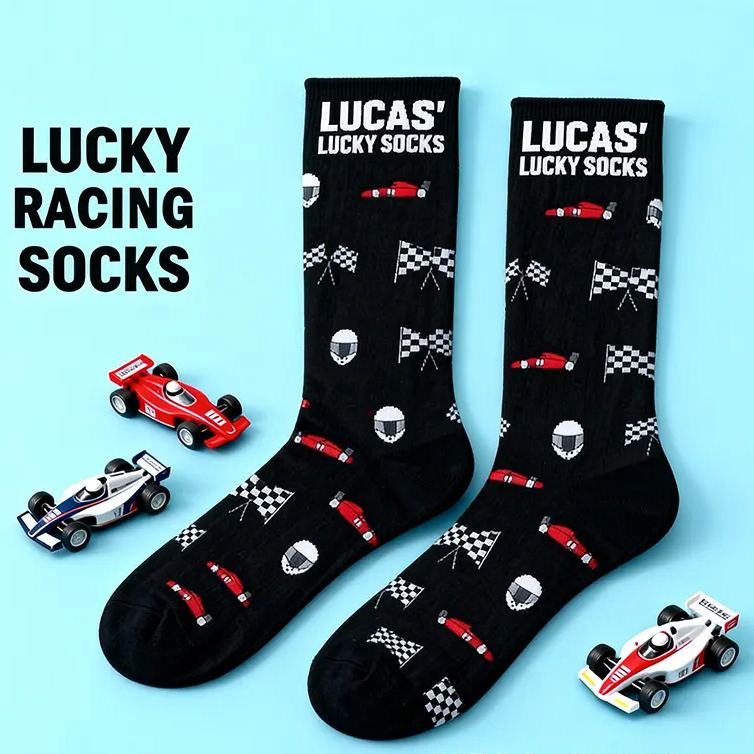 Personalized Lucky Socks with Custom Name and Racing Car Design  Gift for Racers and Racing Lovers