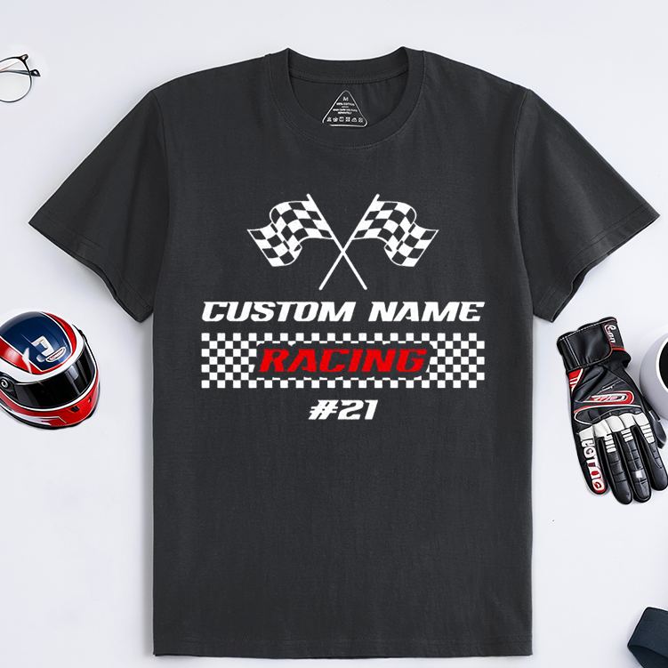 Personalized Racing T-Shirt Custom Name and Number Race Team Tee Gift for Racers and Racing Lovers