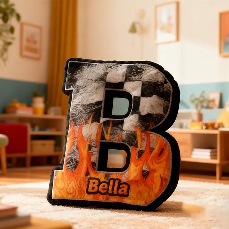 Personalized Racing Flame Letter Pillow Custom Name Initial Cushion Checkered Flag and Fire Design Decorative Gift