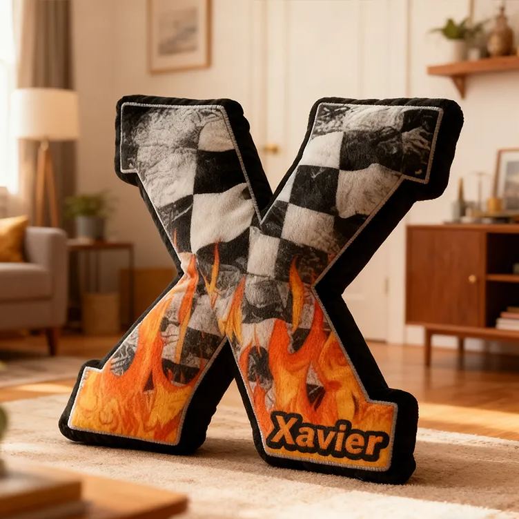 Personalized Racing Flame Letter Pillow Custom Name Initial Cushion Checkered Flag and Fire Design Decorative Gift