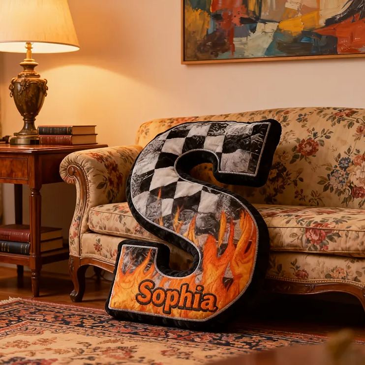 Personalized Racing Flame Letter Pillow Custom Name Initial Cushion Checkered Flag and Fire Design Decorative Gift