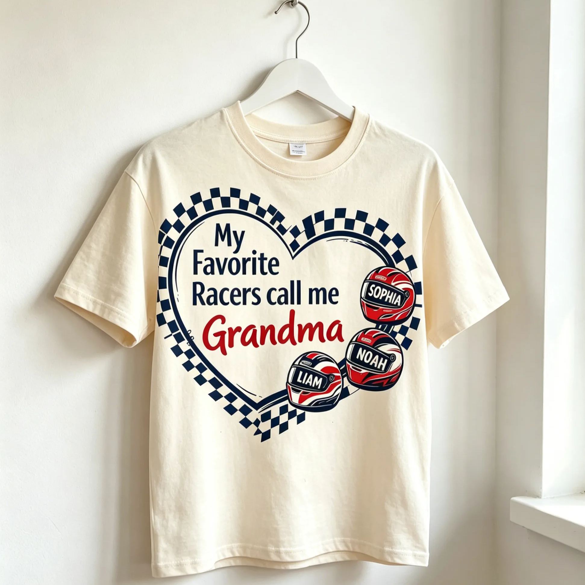 Personalized Grandma Racing Shirt With Grandchildren Names Checkered Flag Heart Tee