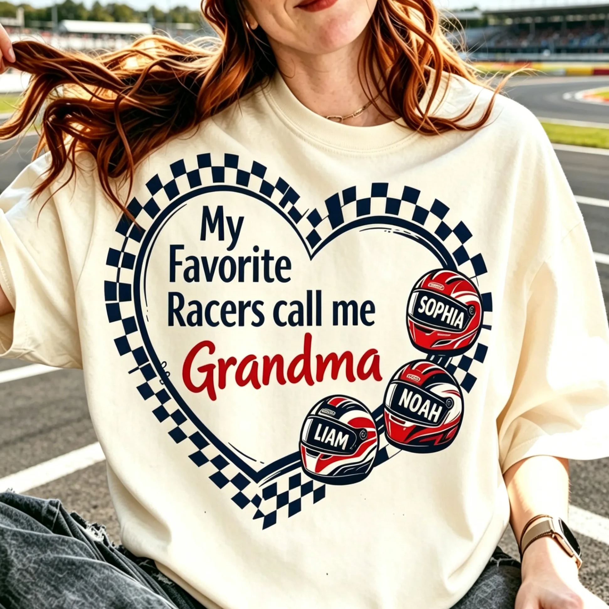 Personalized Grandma Racing Shirt With Grandchildren Names Checkered Flag Heart Tee