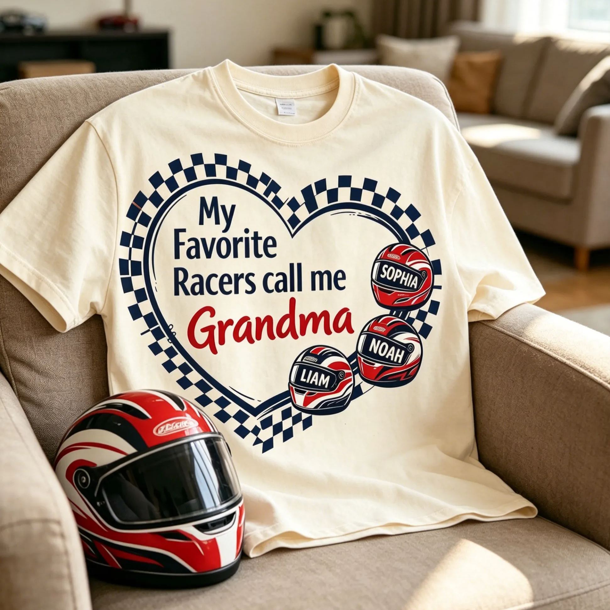 Personalized Grandma Racing Shirt With Grandchildren Names Checkered Flag Heart Tee