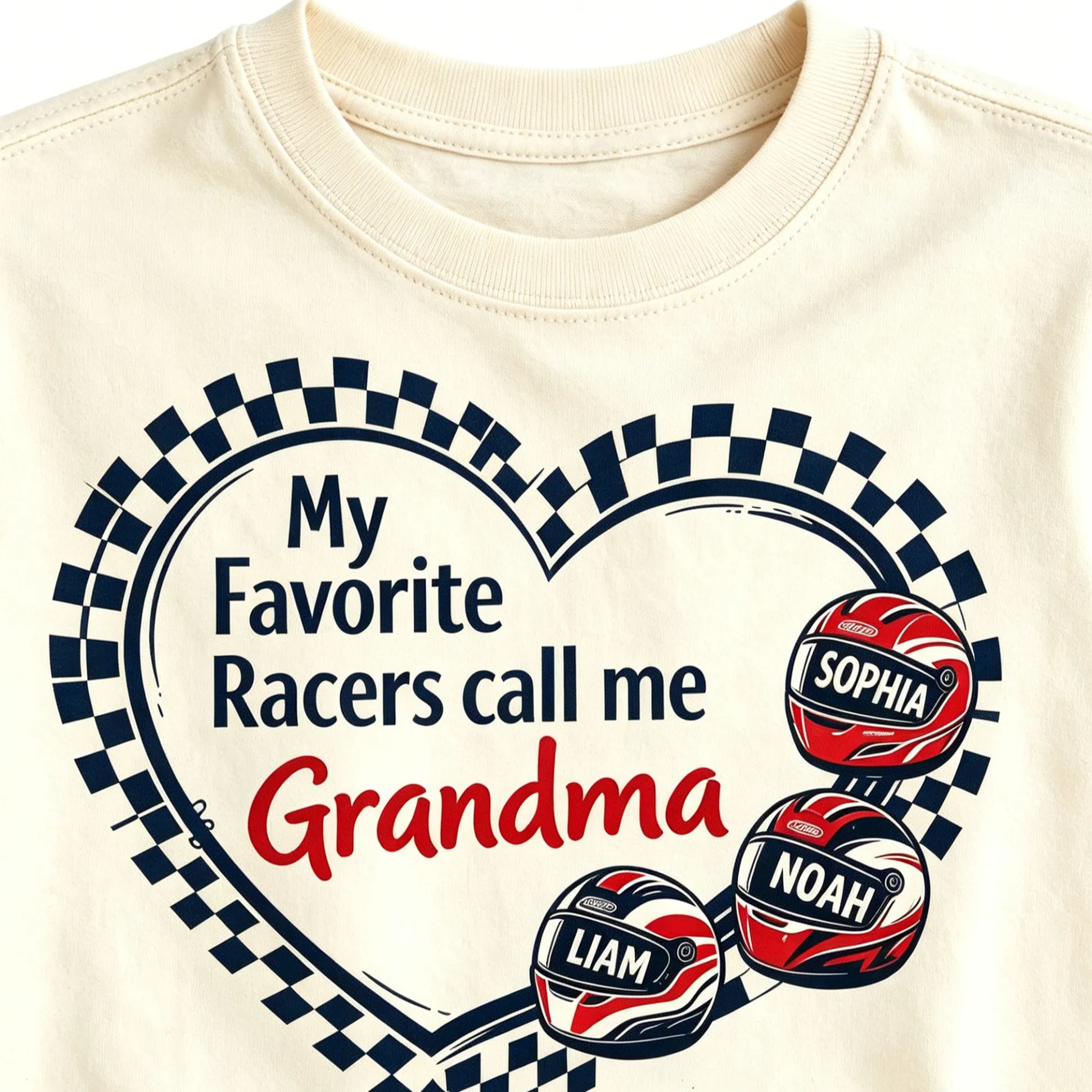 Personalized Grandma Racing Shirt With Grandchildren Names Checkered Flag Heart Tee