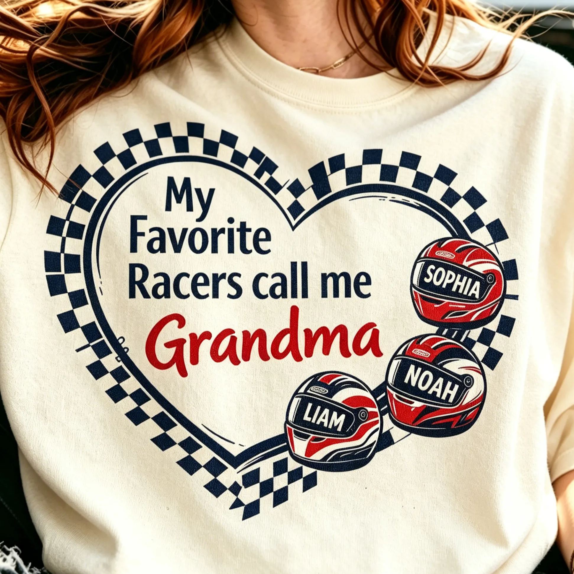 Personalized Grandma Racing Shirt With Grandchildren Names Checkered Flag Heart Tee