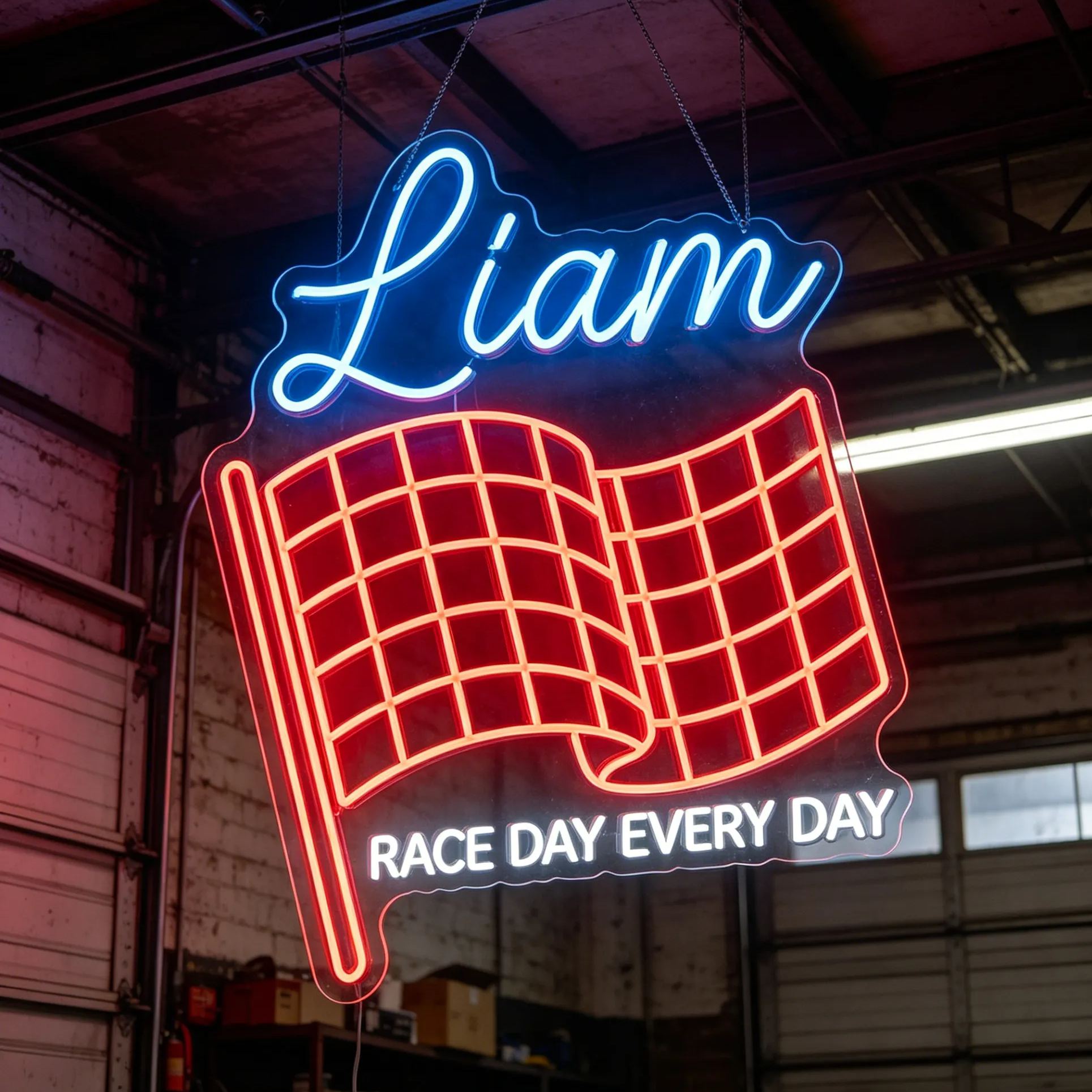 Personalized Checkered Racing Flag Personalized Name LED Neon Wall Sign For Garage Decor