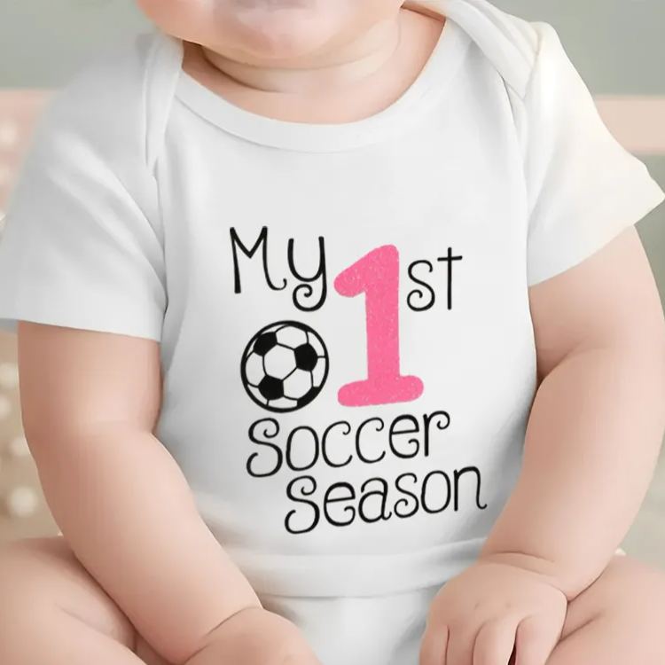Personalized Baby Onesie with Soccer Ball and Number Motif Design Symbolizing Growth and Special First Milestones