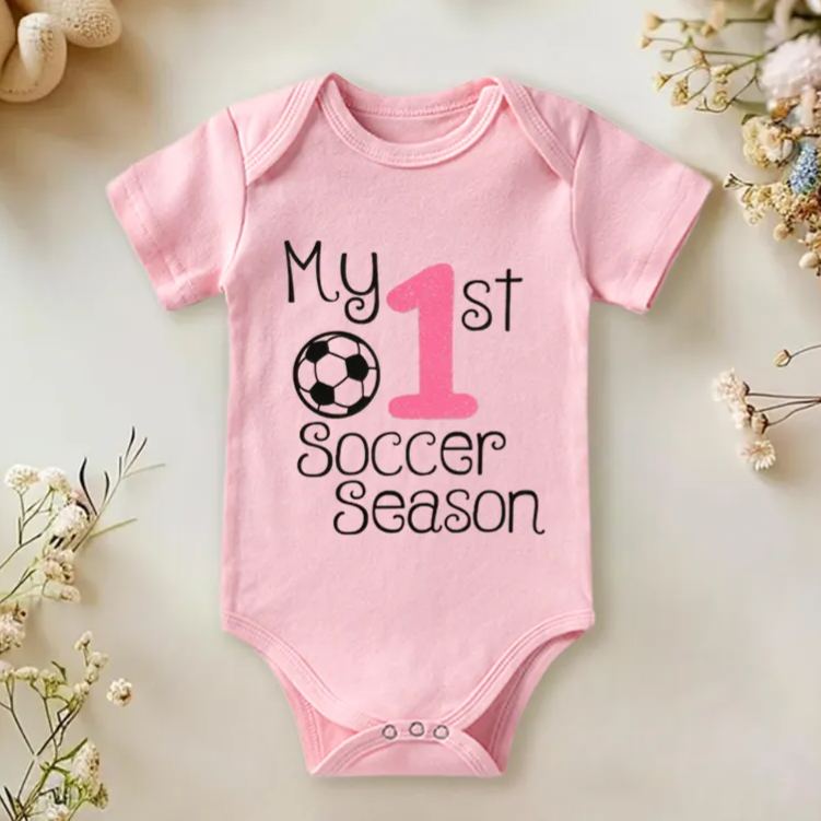 Personalized Baby Onesie with Soccer Ball and Number Motif Design Symbolizing Growth and Special First Milestones