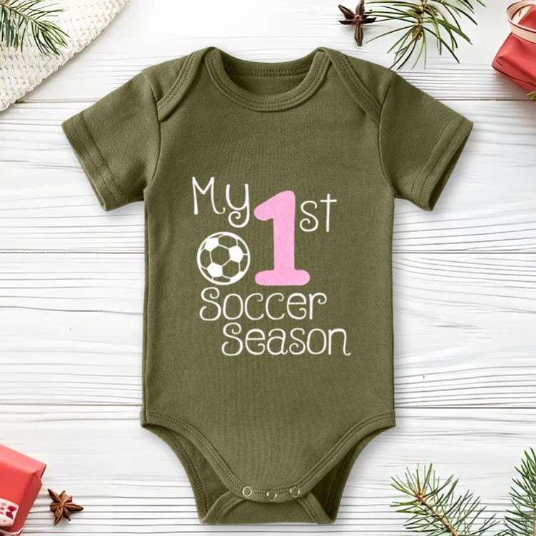 Personalized Baby Onesie with Soccer Ball and Number Motif Design Symbolizing Growth and Special First Milestones