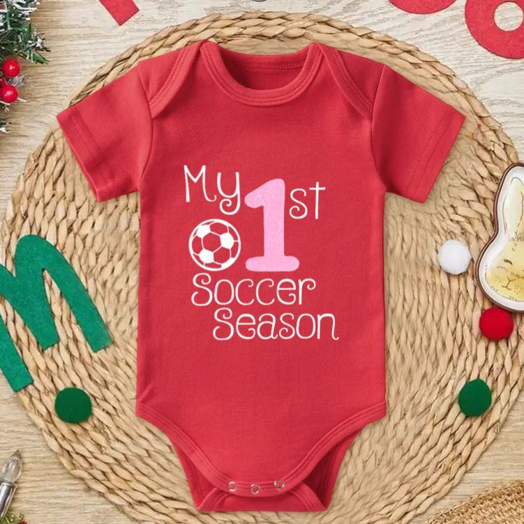 Personalized Baby Onesie with Soccer Ball and Number Motif Design Symbolizing Growth and Special First Milestones