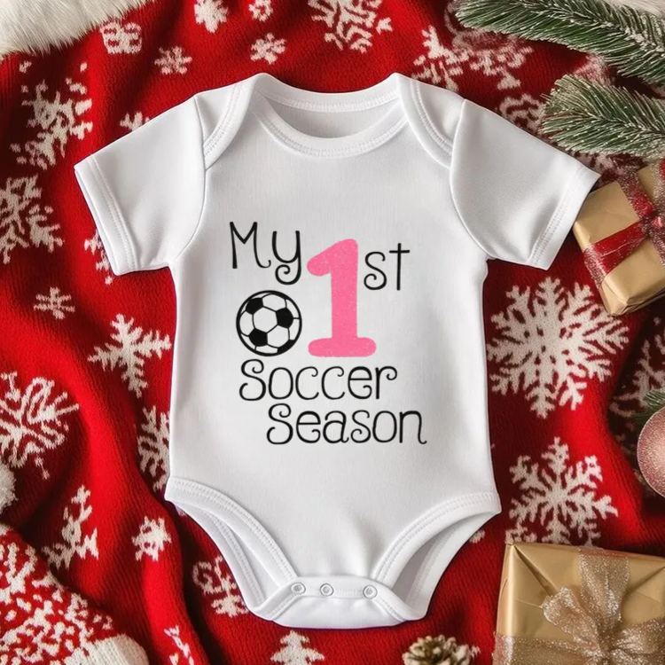 Personalized Baby Onesie with Soccer Ball and Number Motif Design Symbolizing Growth and Special First Milestones