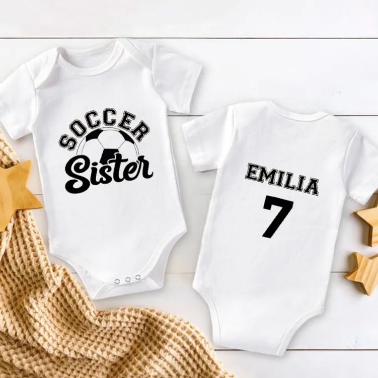 Personalized Double Sided Soccer Baby Onesie with Editable Front Title and Custom Name And Number on Back  Soft Cotton Fabric