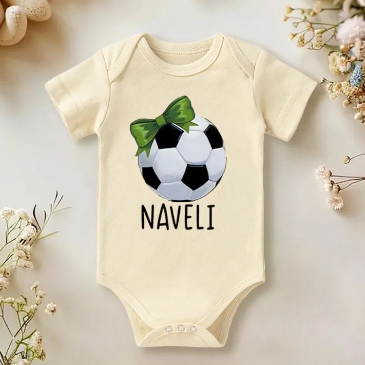 Personalized Soccer Baby Onesie with Bow and Ball Design Soft Cotton Fabric and Editable Name or Nickname