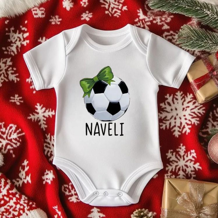 Personalized Soccer Baby Onesie with Bow and Ball Design Soft Cotton Fabric and Editable Name or Nickname