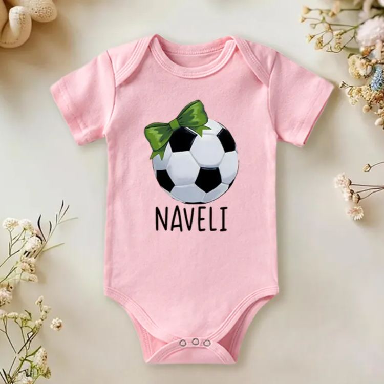 Personalized Soccer Baby Onesie with Bow and Ball Design Soft Cotton Fabric and Editable Name or Nickname