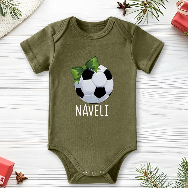 Personalized Soccer Baby Onesie with Bow and Ball Design Soft Cotton Fabric and Editable Name or Nickname