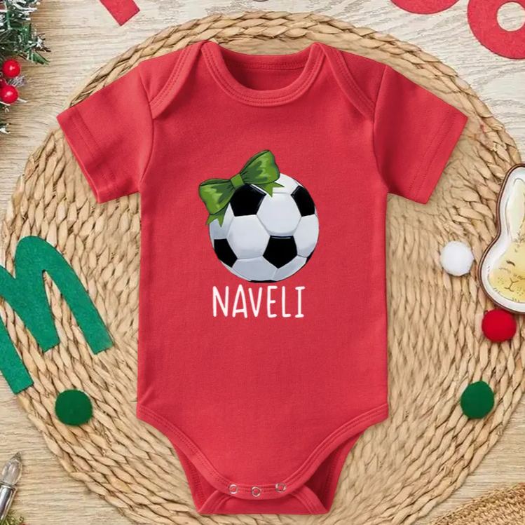 Personalized Soccer Baby Onesie with Bow and Ball Design Soft Cotton Fabric and Editable Name or Nickname