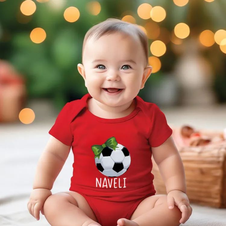Personalized Soccer Baby Onesie with Bow and Ball Design Soft Cotton Fabric and Editable Name or Nickname