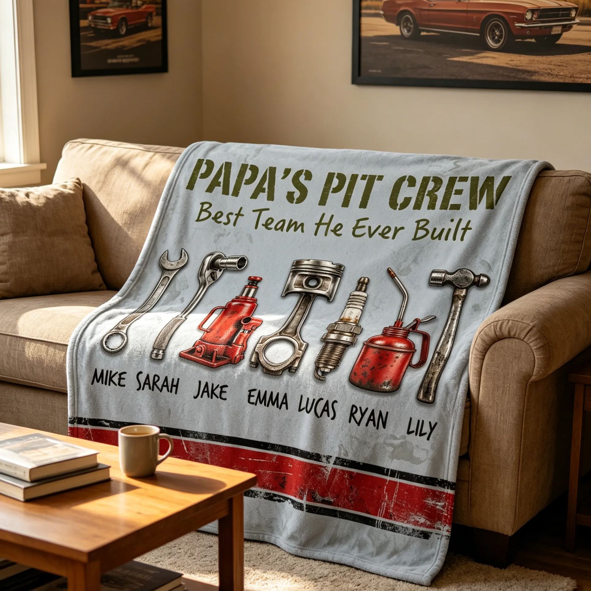 [Copy]Personalized  Grandpa's Racing Team Family Helmet Checkered Flag Personalized Fleece Blanket