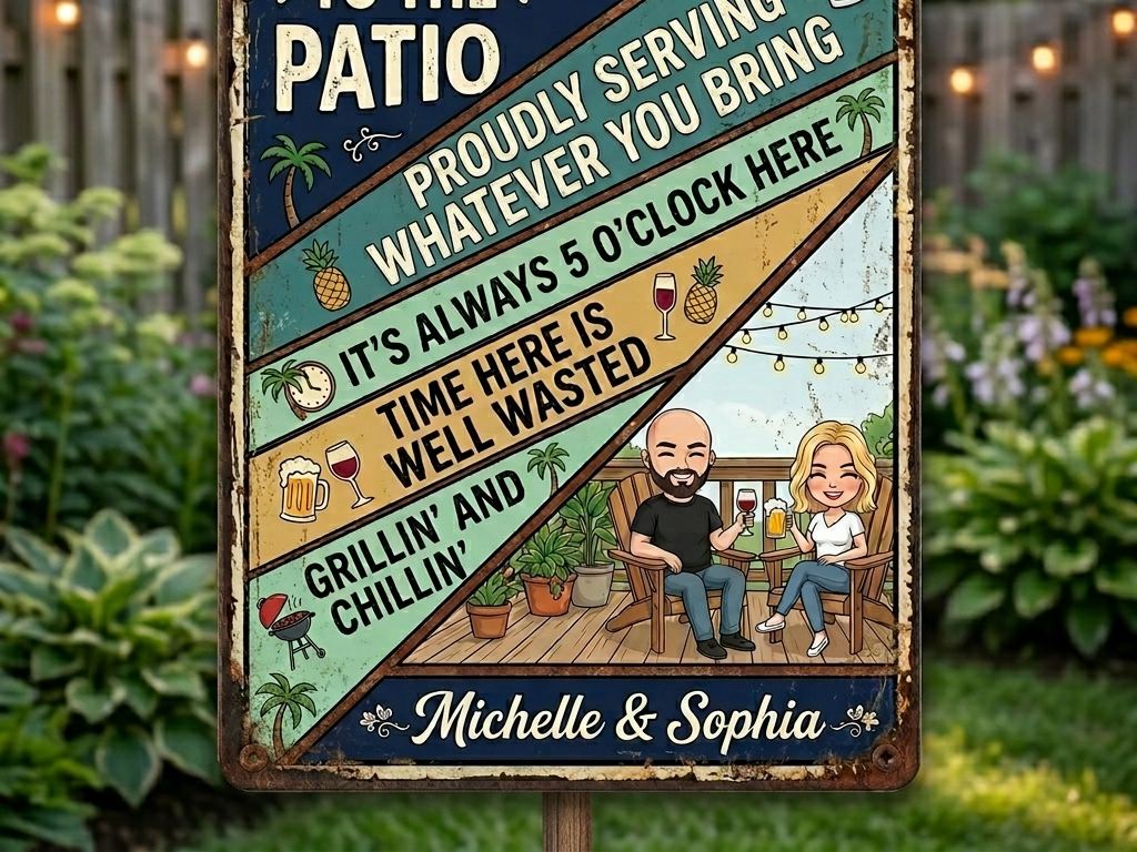 Personalized Retro Couple Patio Welcome Grilling Proudly Serving Whatever You Bring Husband Wife Couple Single Backyard Sign Personalized Custom Classic Metal Signs
