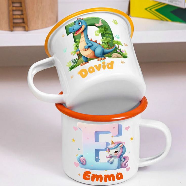 Personalized Fantasy Unicorn Dinosaur 12 oz Multicolor Rim Enamel Mug with Name and Initial Birthday Back to School Gift for Kids