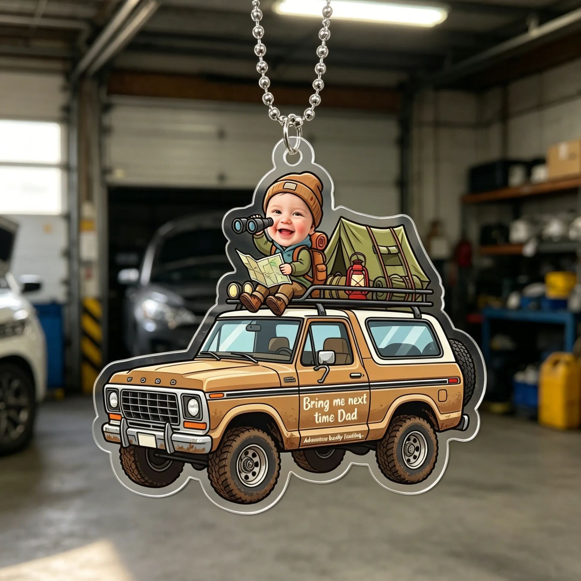 [Copy]Personalized Photo Drive Safe Daddy Race Car Baby Face Rearview Mirror Car Ornament