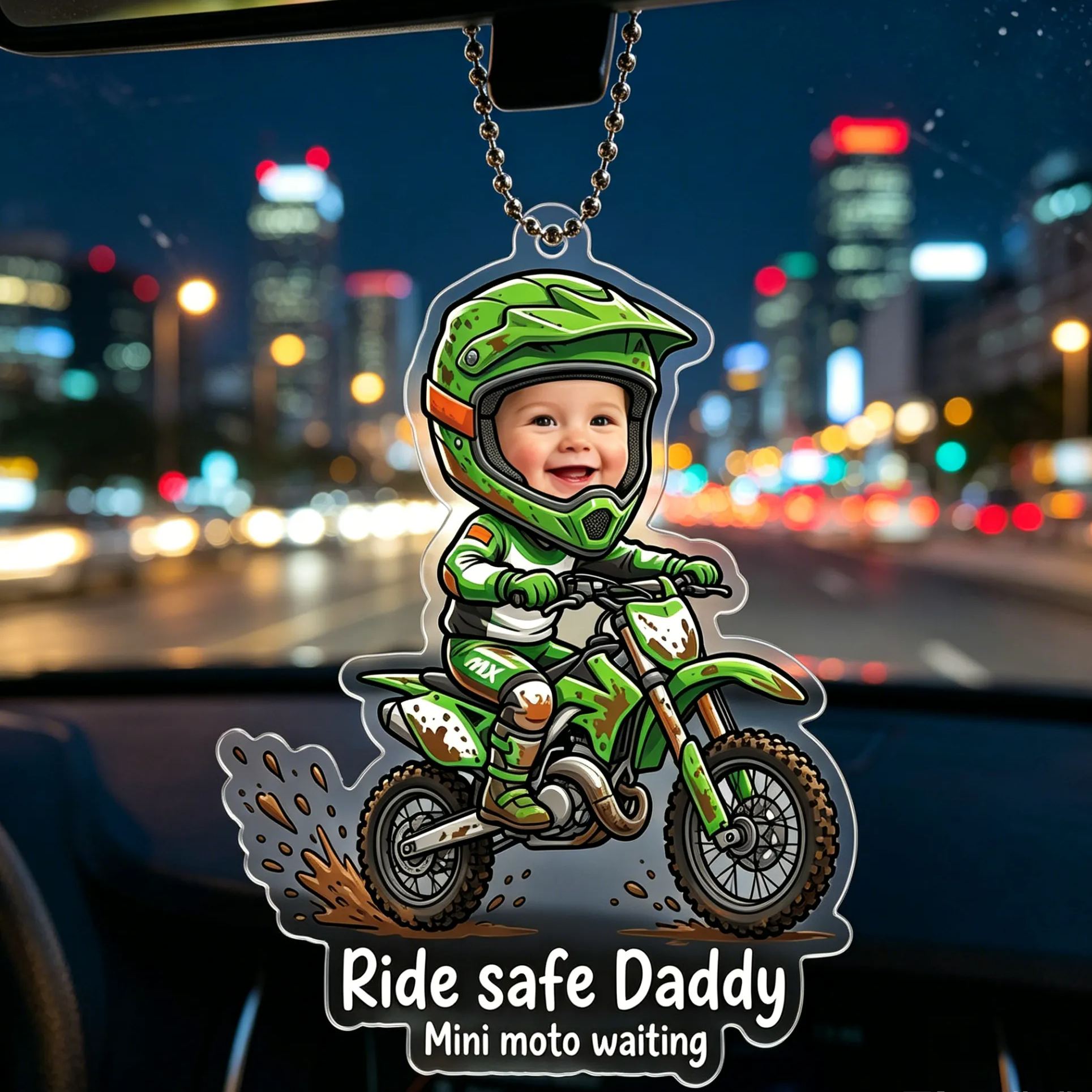[Copy]Personalized Photo Vintage Hot Rod Little Driver Drive Safe Daddy Acrylic Rearview Mirror Car Ornament Description