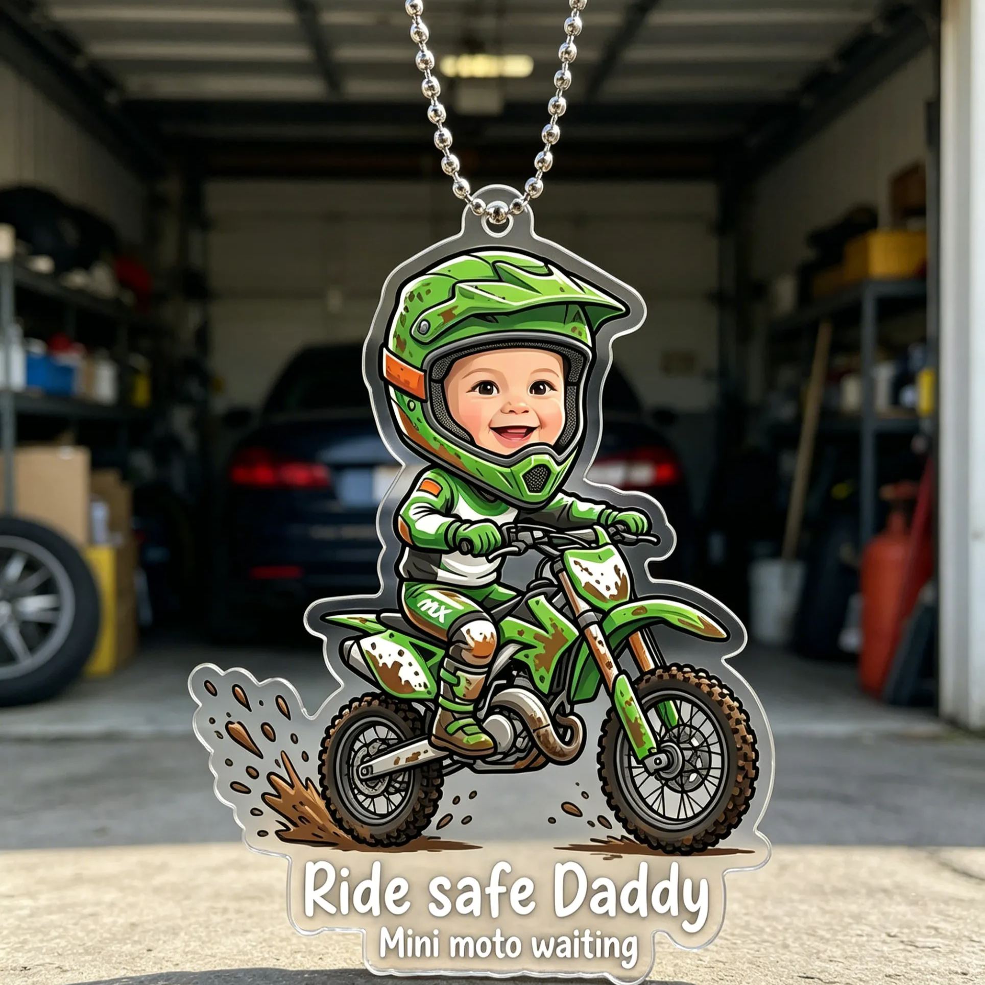 [Copy]Personalized Photo Vintage Hot Rod Little Driver Drive Safe Daddy Acrylic Rearview Mirror Car Ornament Description